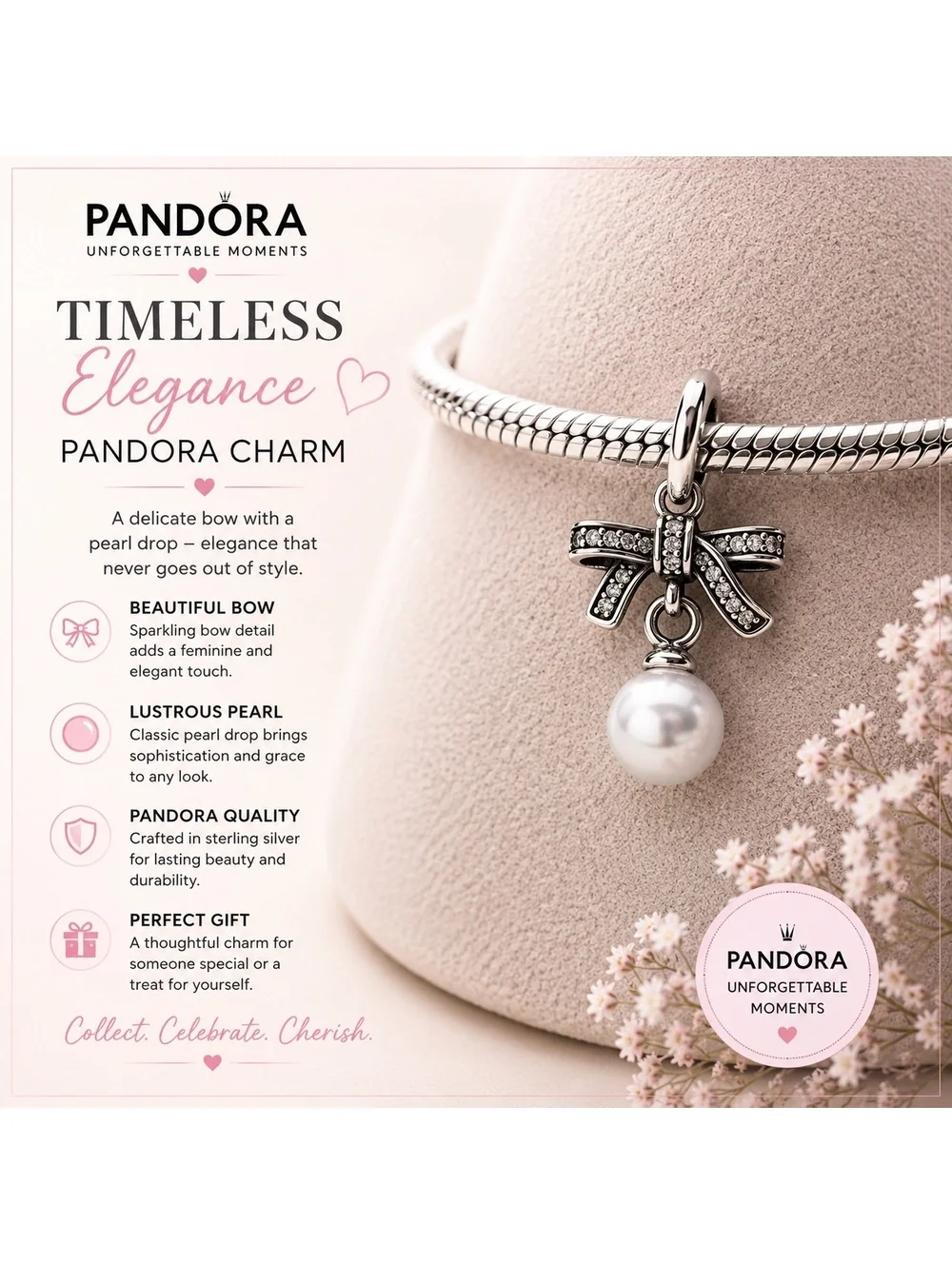 Pandora Timeless Elegance Bow and Pearl Charm in Sterling Silver